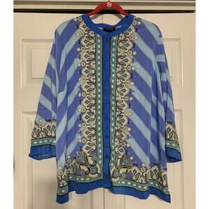 Bob Mackie Wearable Art Bombay Placement Print Button Front Shirt 2X Blue Multi